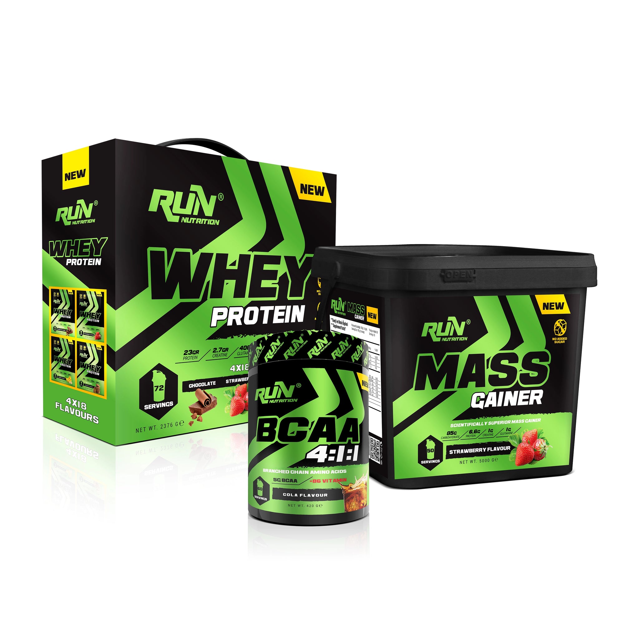 Kas ve Hacim Paketi (Whey Protein 72 Saşe 4 Çeşit Aroma,Mass Gainer,Bcaa) + Shaker, Huni Hediye